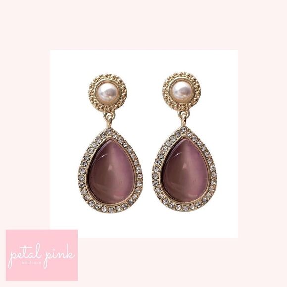 Bordeaux Color Cat’s Eye and Crystal Drop Earrings w Simulated Pearl - Picture 4 of 6